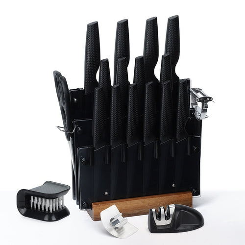 20-Piece Knife Block Set - Full stainless steel cutlery set with ergonomic handles and storage block-black-front-view