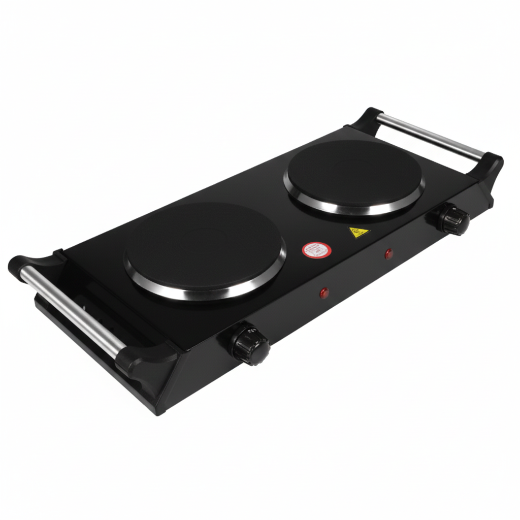 Black double hot plate with metal handles on a white background