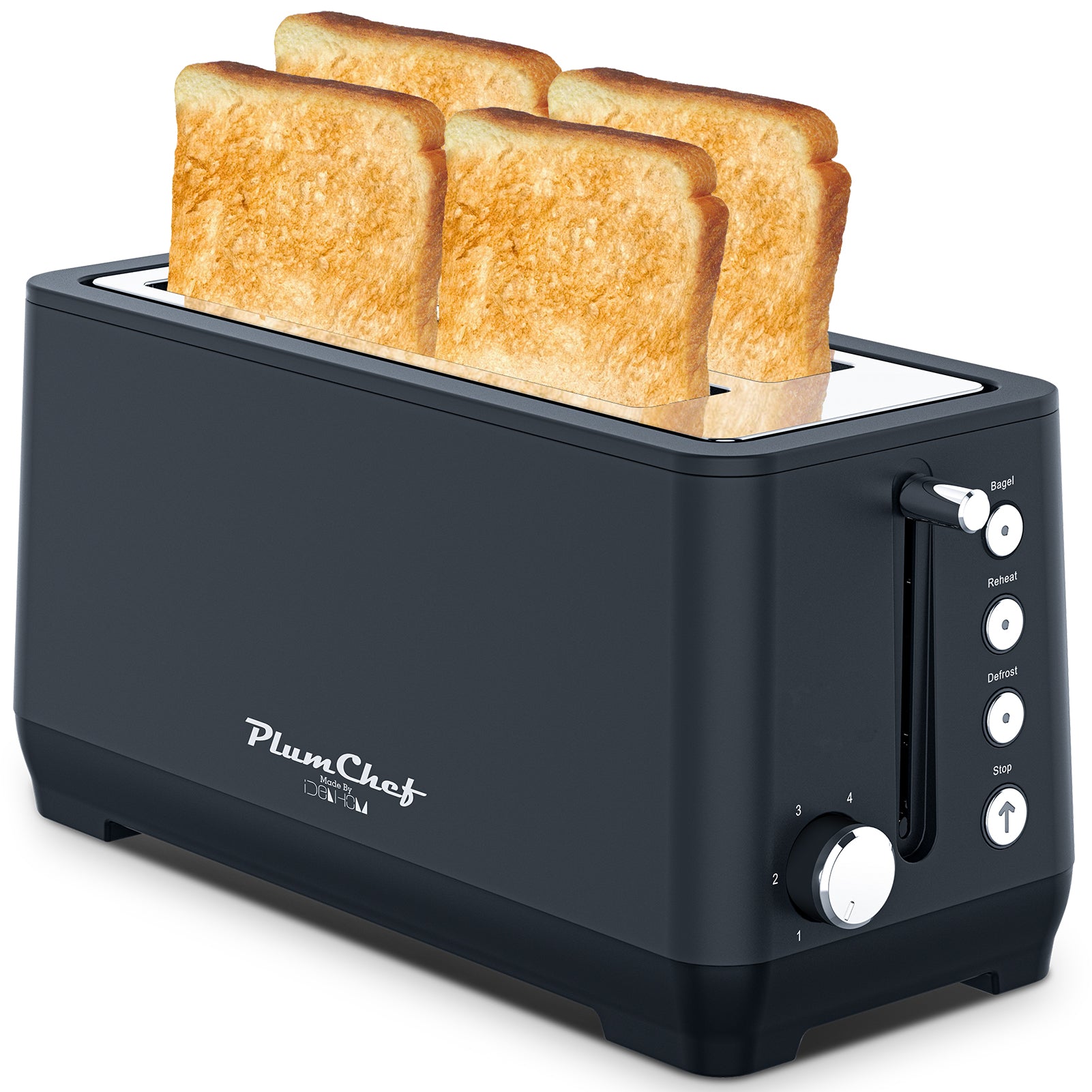 Black toaster with four slices of toast on a white background, featuring the brand 'PlumChef'.