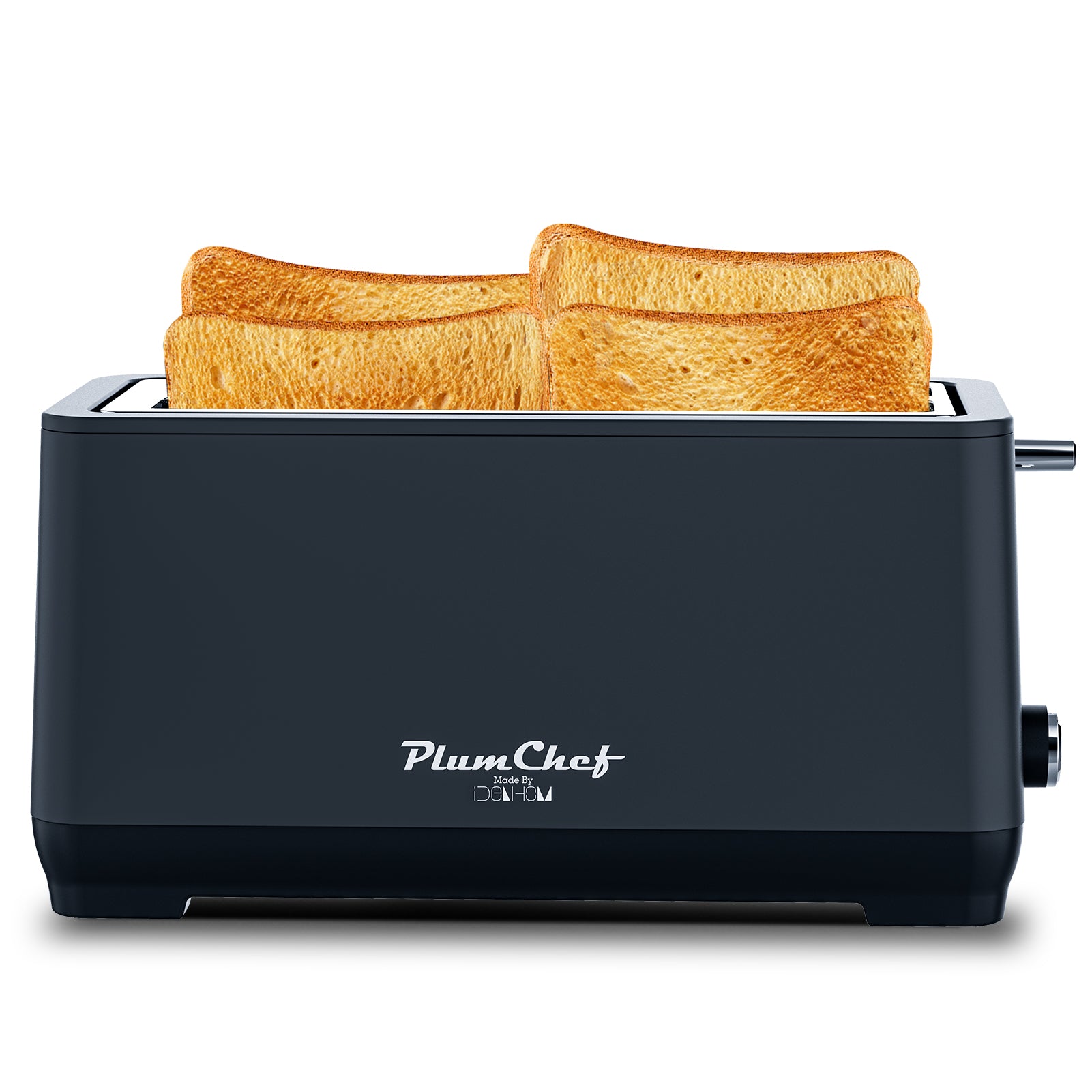 Black toaster with two slices of toast on a white background, featuring the PlumChef brand.