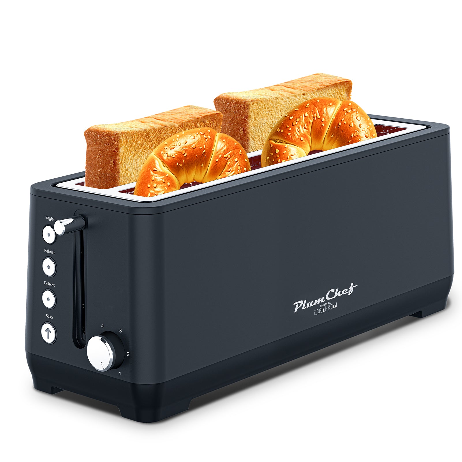 Black toaster with slices of bread and buns on a white background