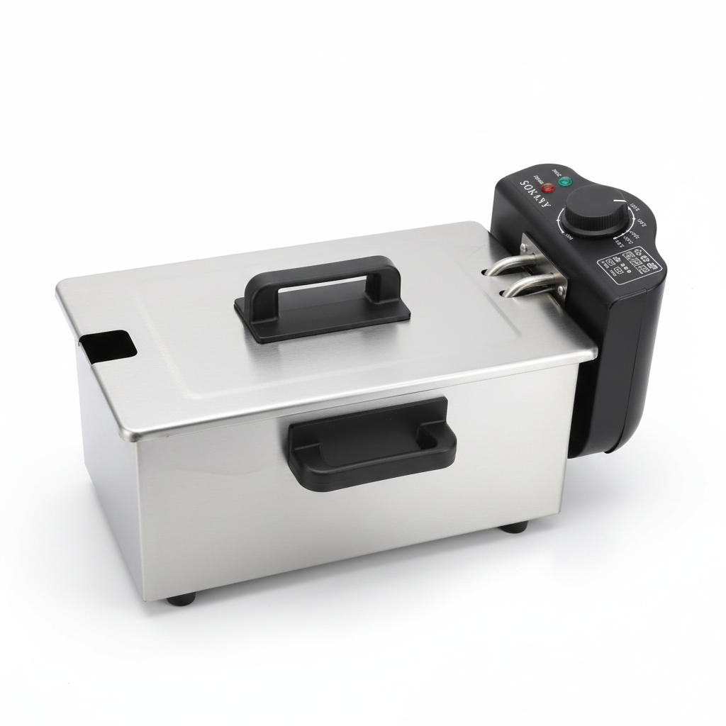 Stainless steel deep fryer with control panel on a white background