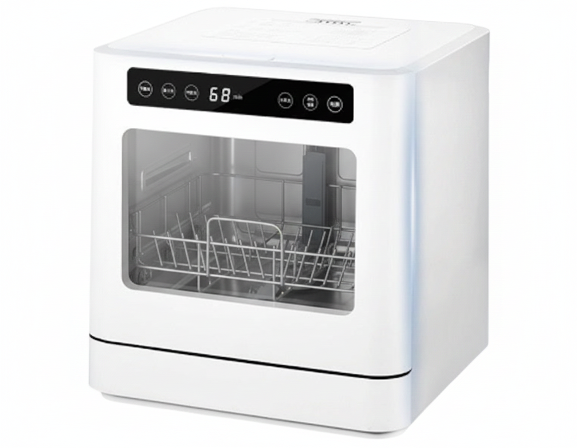 White compact dishwasher with digital display on a white background