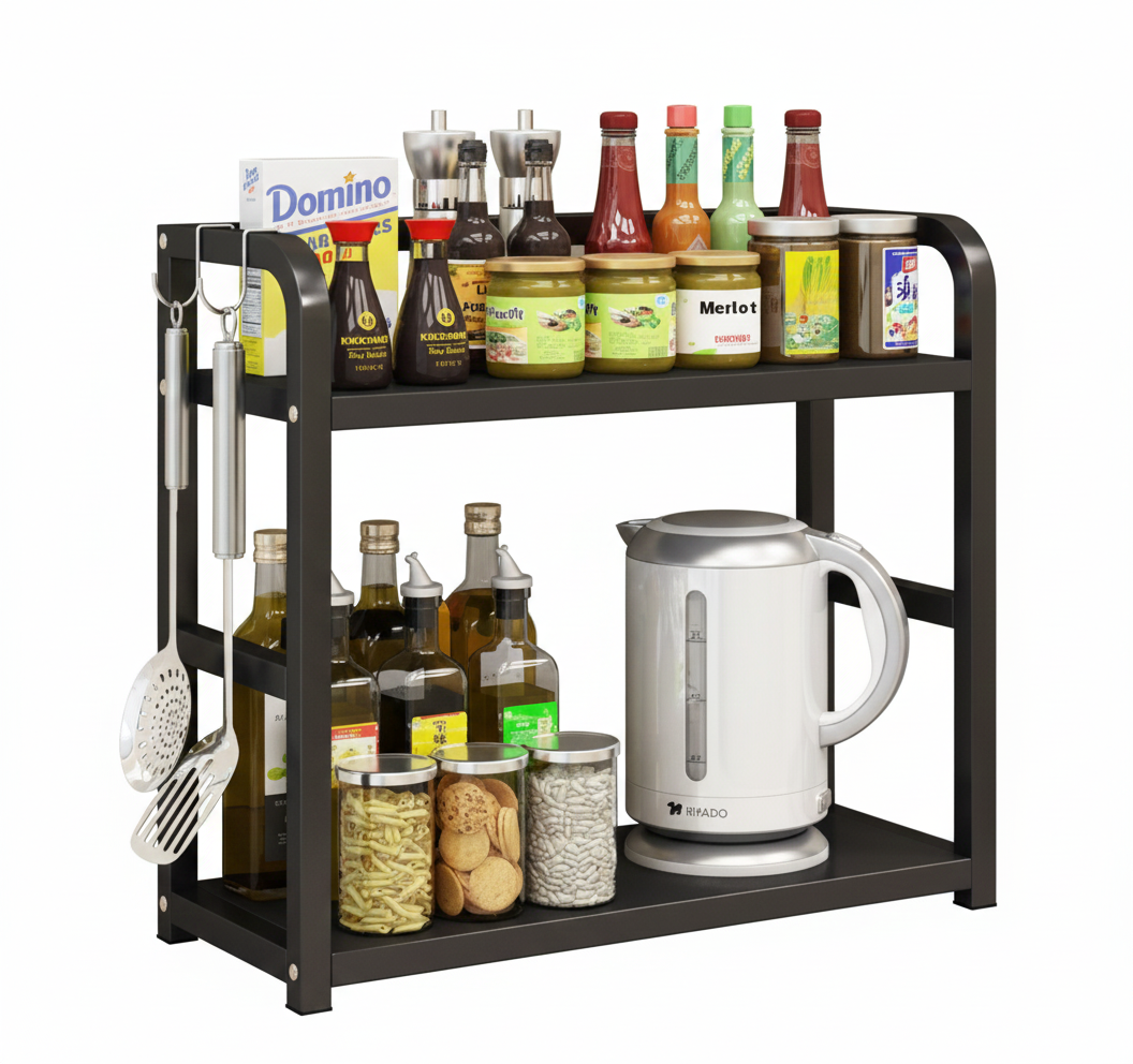 Kitchen storage rack with bottles, jars, and a kettle on a white background