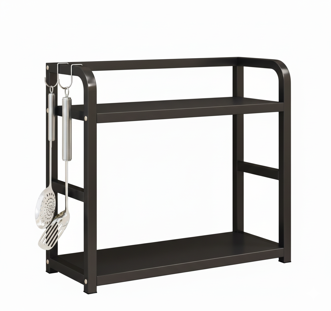 Black metal kitchen rack with utensils on a white background