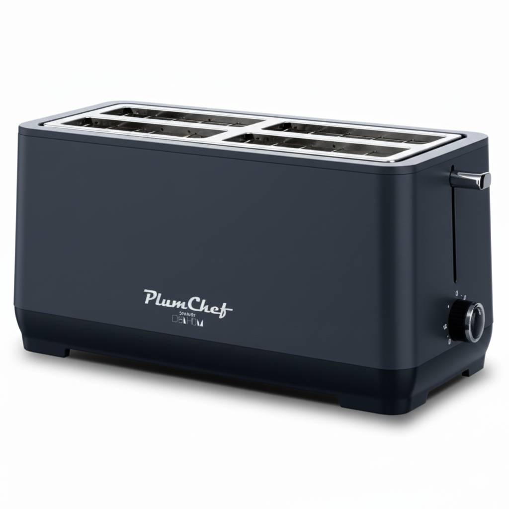 Black toaster with 'PlumChef' branding on a white background