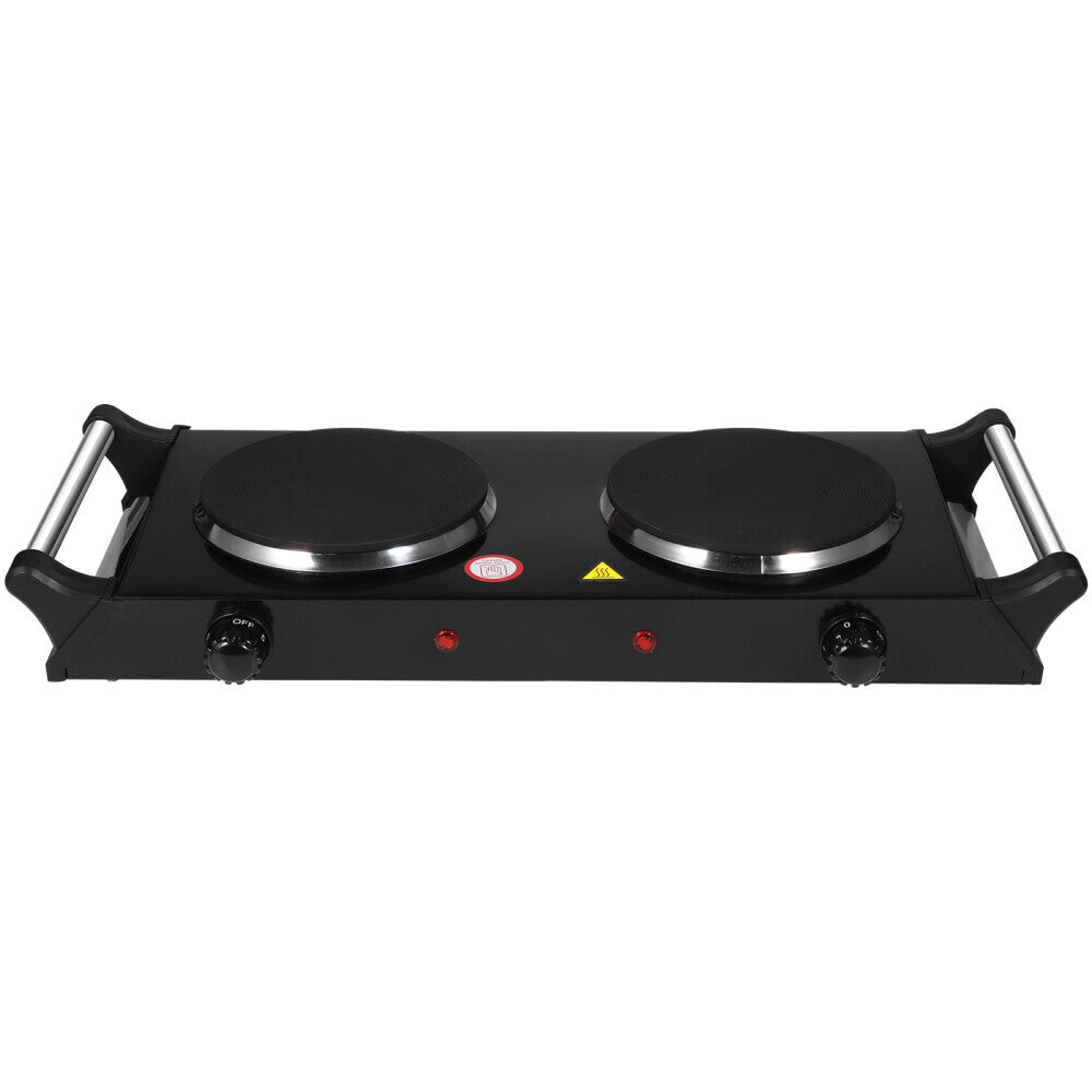 Double hot plate with control knobs on a white background