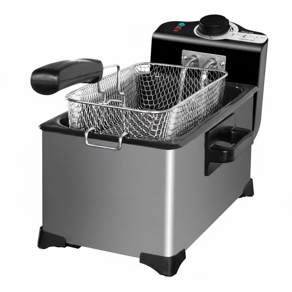 Small deep fryer with a basket on a white background