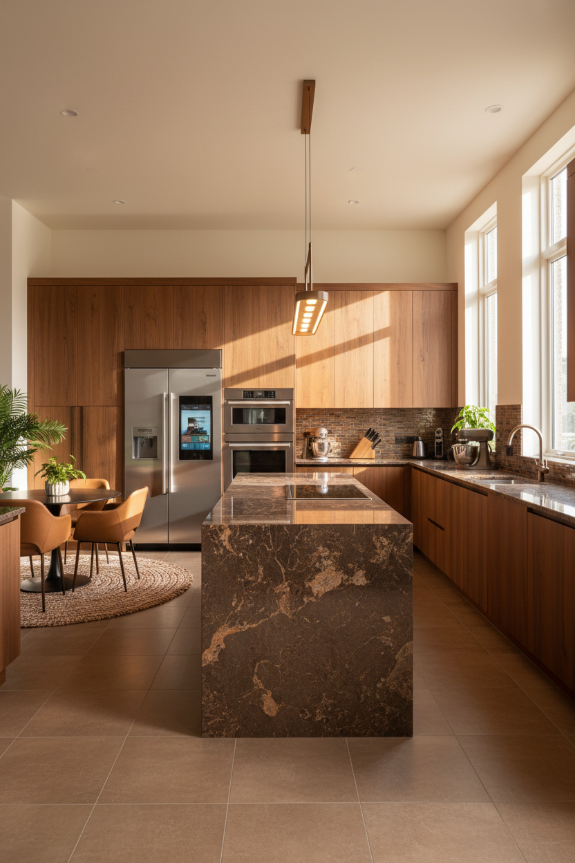 make a mobile sized image of a kitchen with a nice brown theme