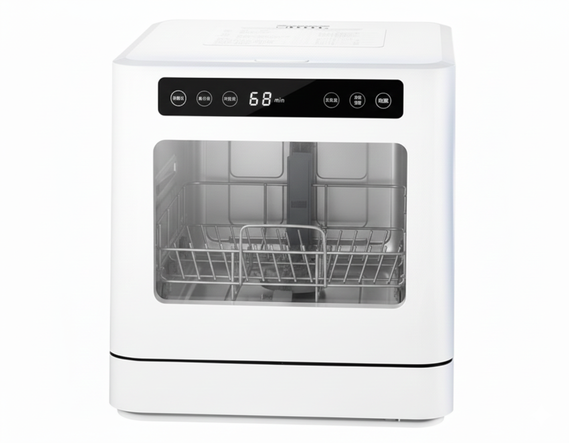 White countertop dishwasher with a clear door showing a silver dish rack on a white background